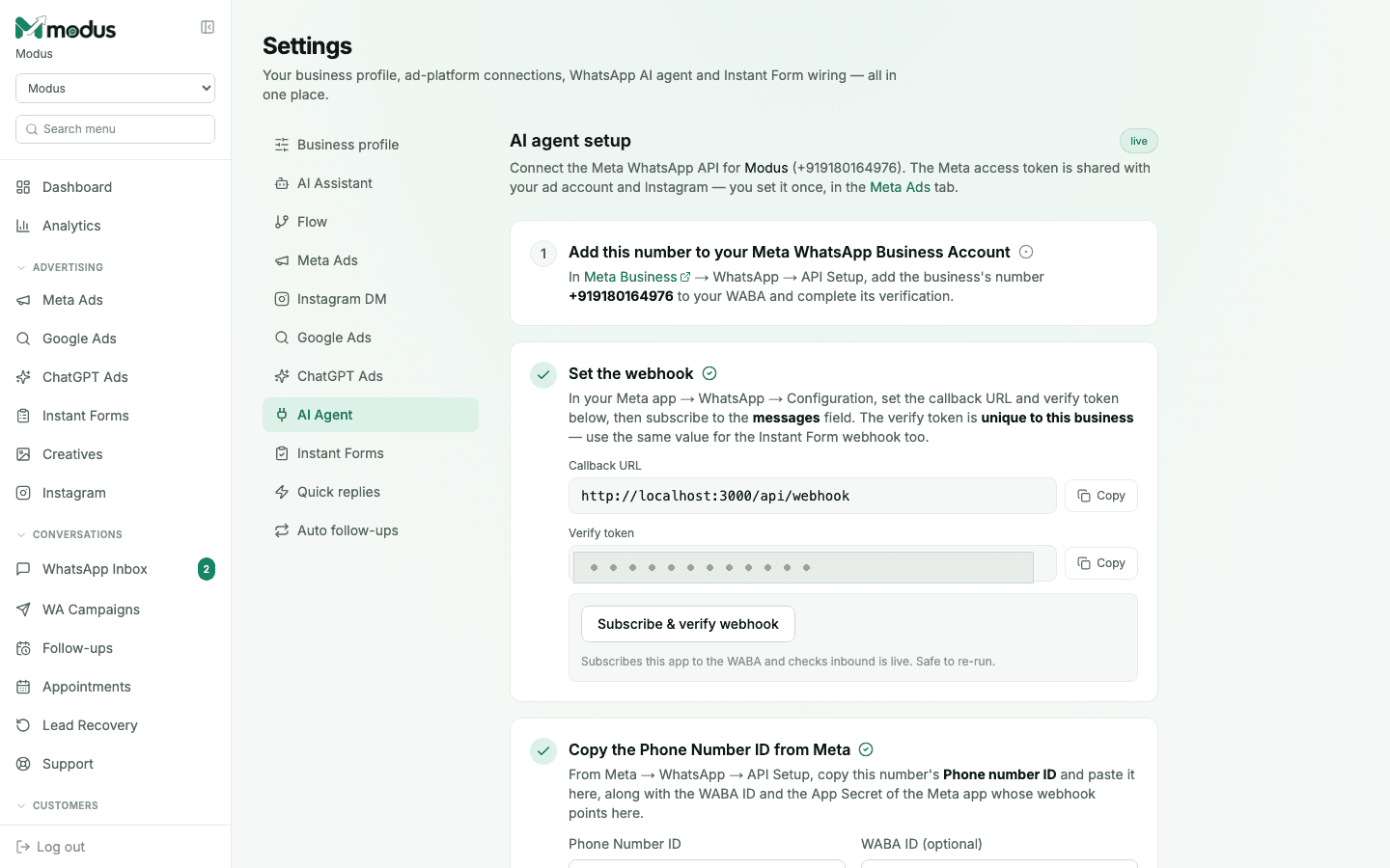 Settings page, AI Agent tab, showing the webhook callback URL and a redacted verify token field