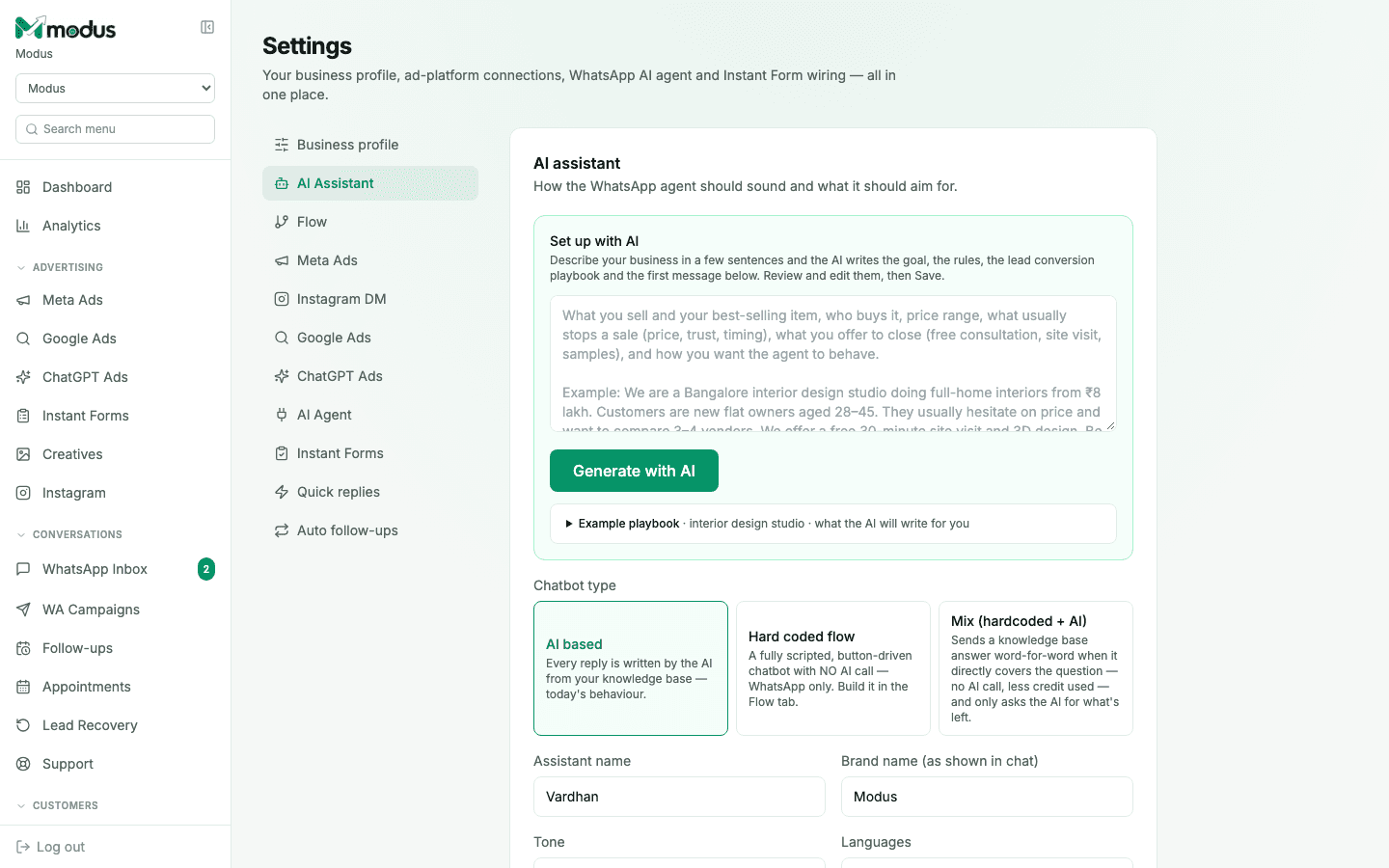 Settings page, AI Assistant tab, showing the "Set up with AI" playbook generator and chatbot type options
