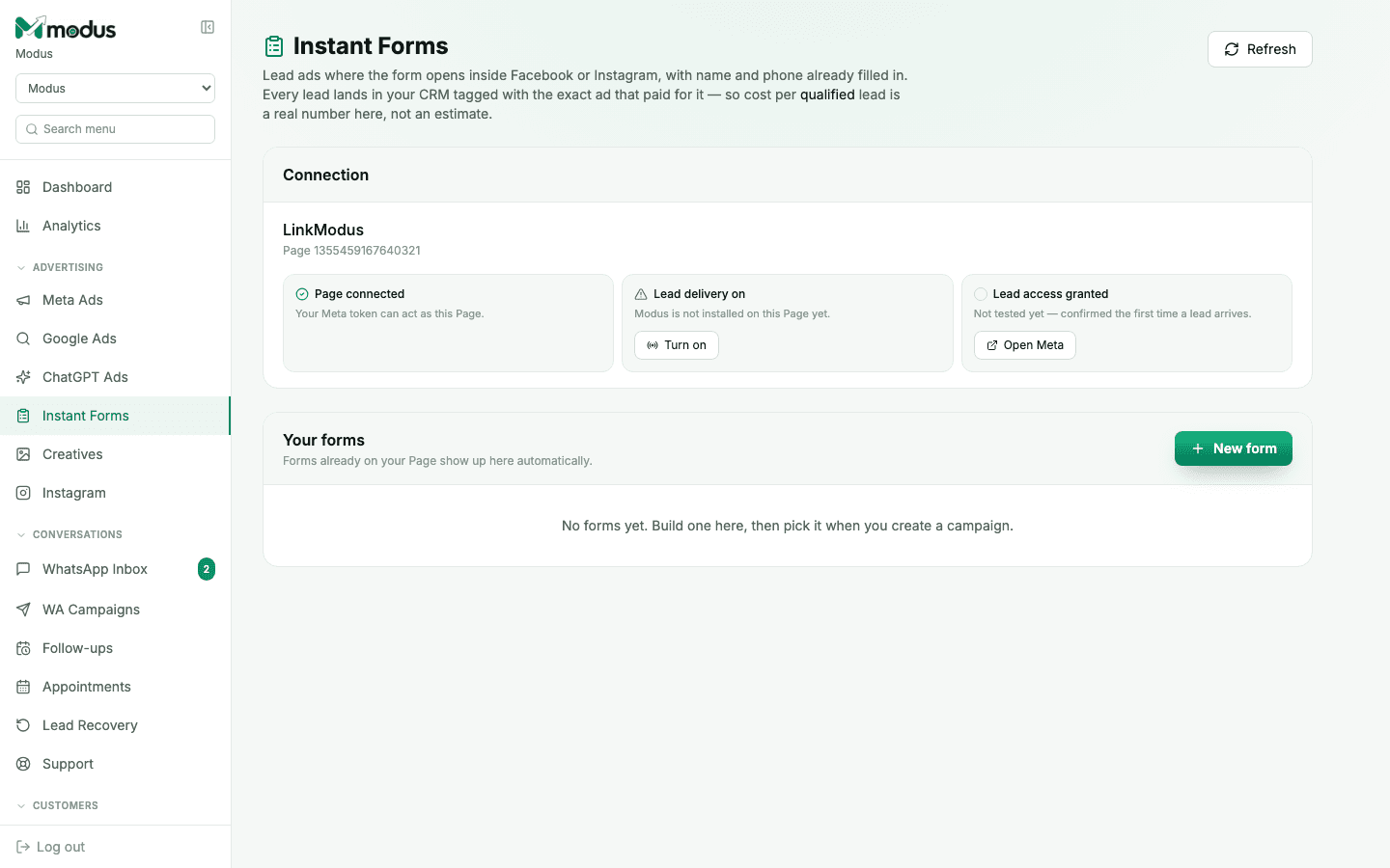 The Instant Forms page in Modus showing Page connection status and a forms list
