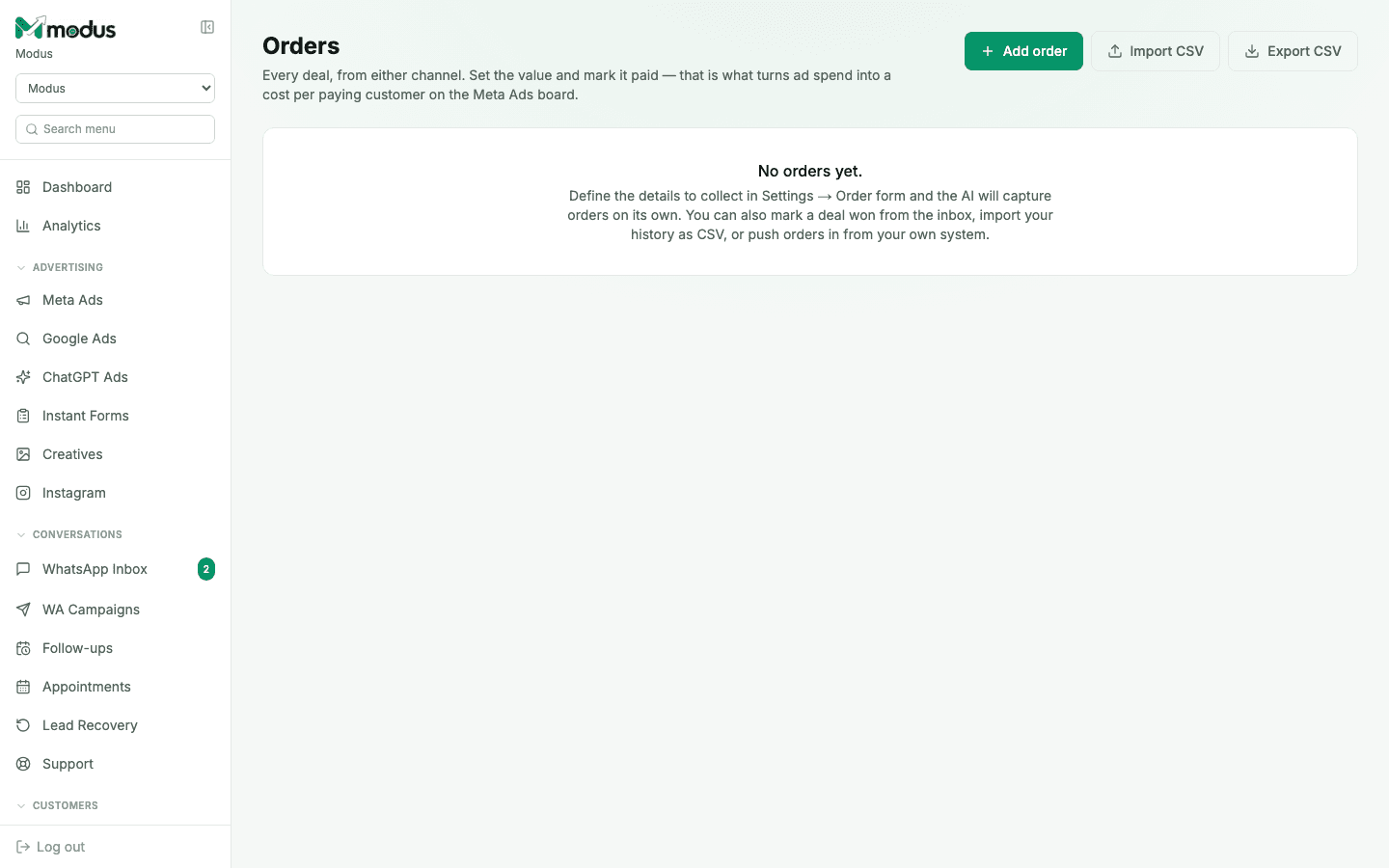 The Sales board in Modus, with an empty state explaining how orders are captured