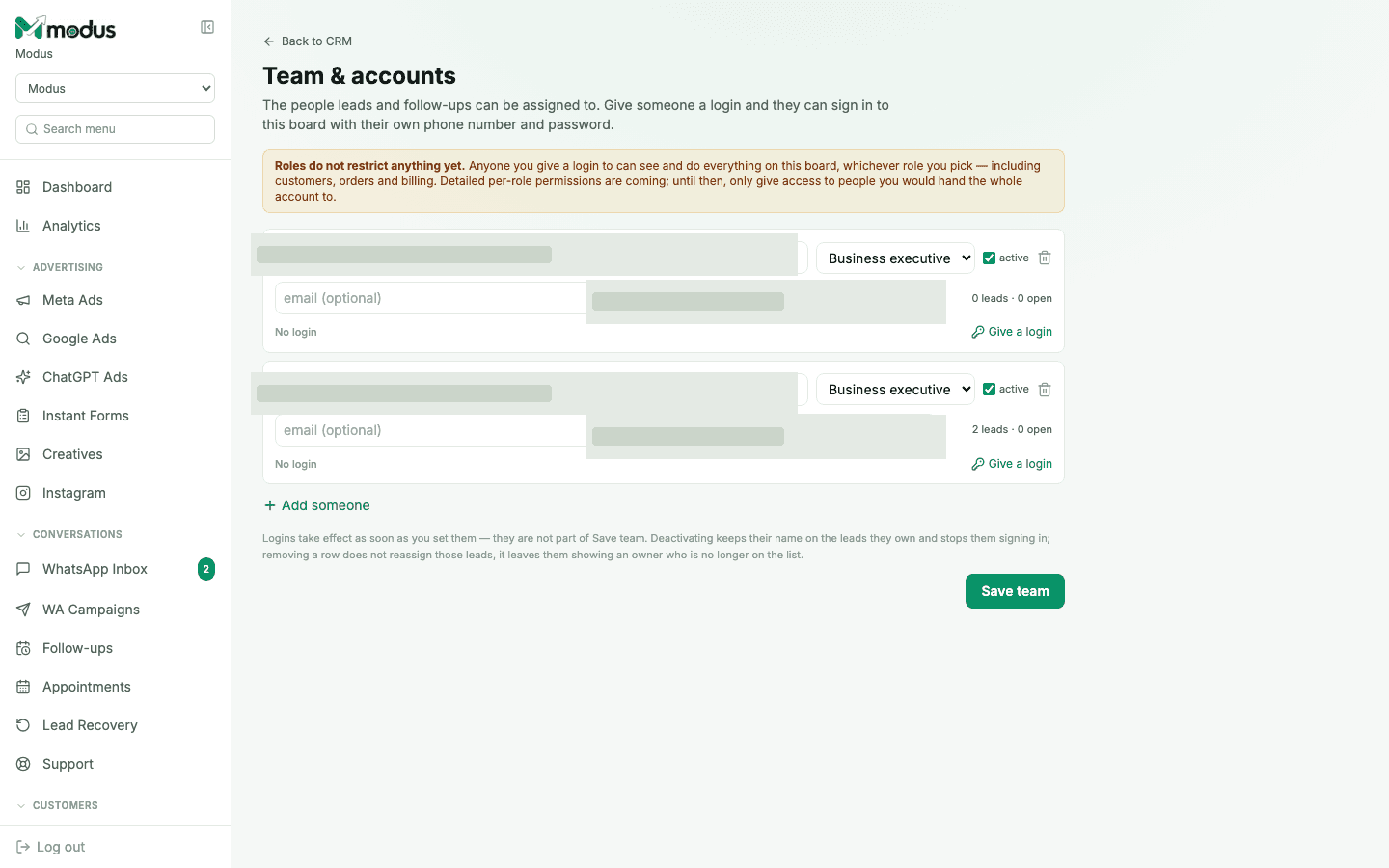 The Team & accounts page in Modus showing staff rows with roles, active status and login controls
