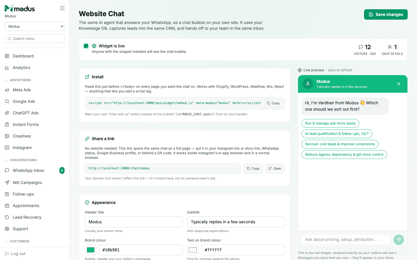 The Website Chat settings page showing the install script, a shareable chat link, and a live preview of the widget