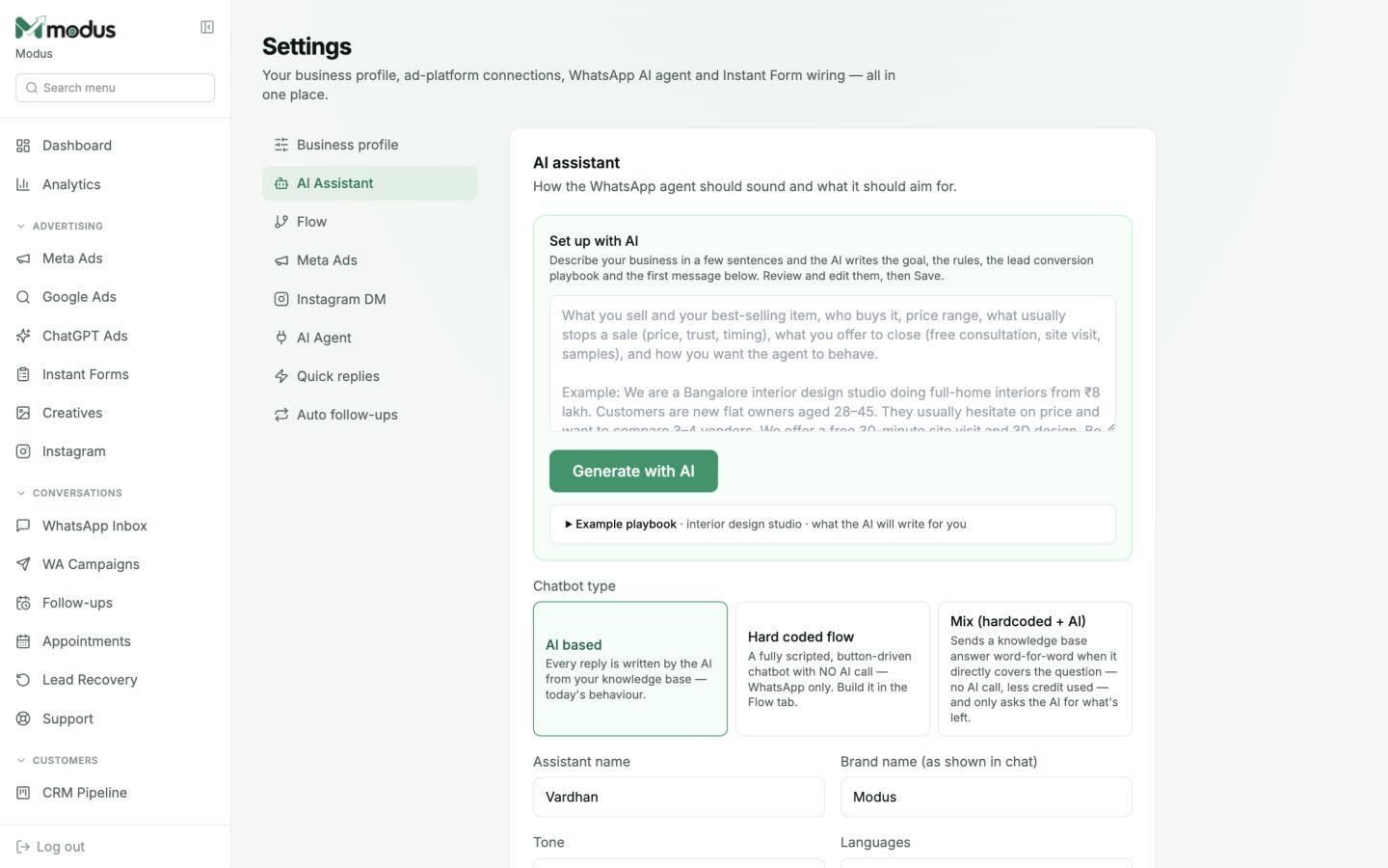 Modus AI Assistant settings with AI-generated setup, chatbot modes, assistant name and brand controls