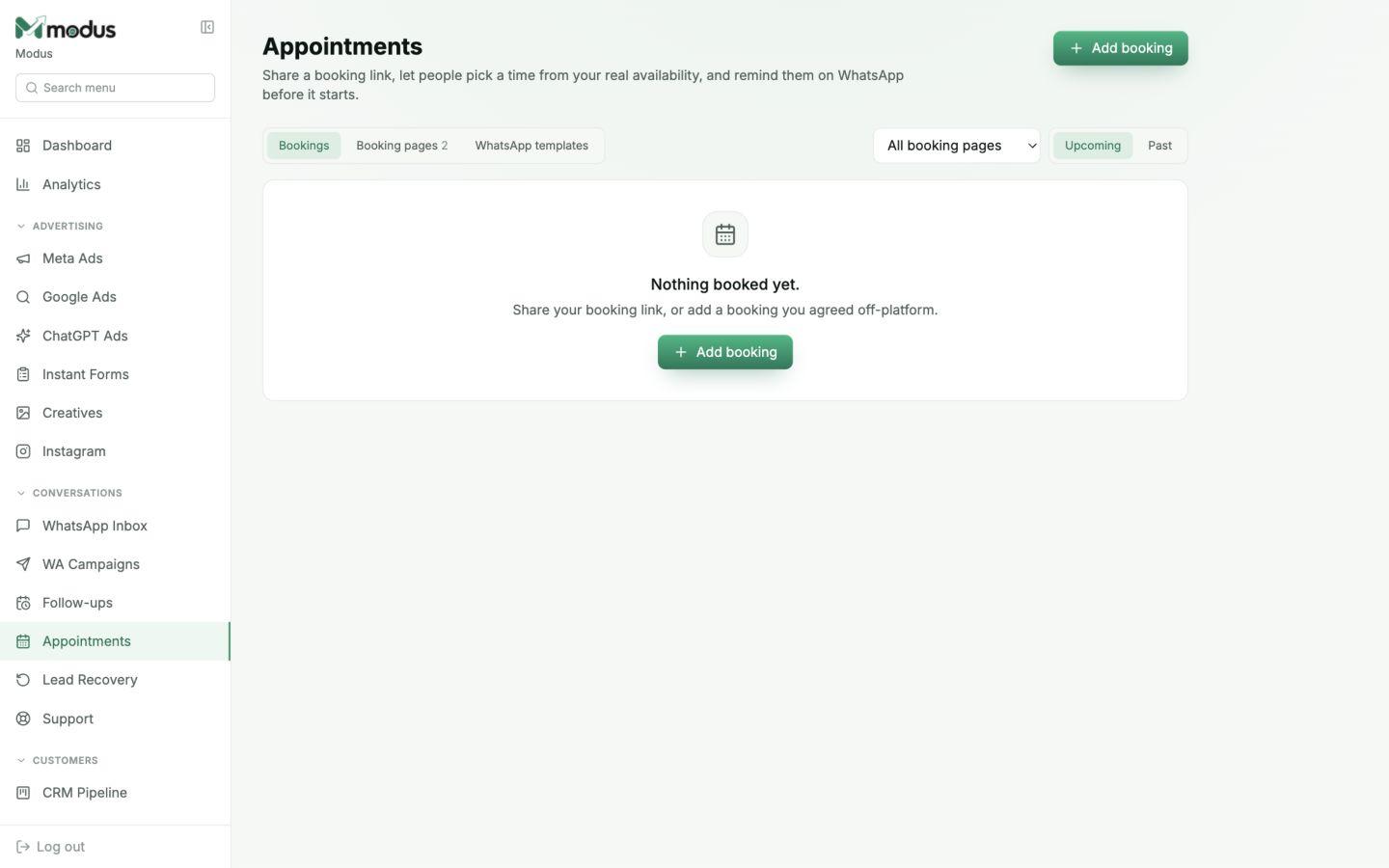 Modus Appointments screen with booking pages, upcoming bookings and WhatsApp reminder templates