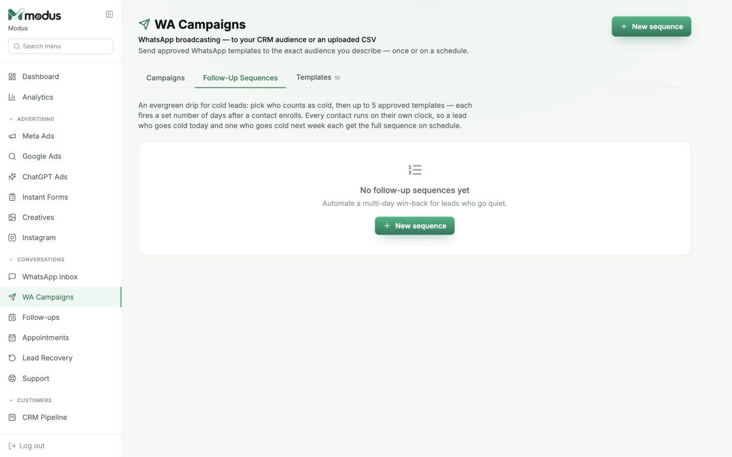 Modus Follow-Up Sequences screen for creating an evergreen multi-day WhatsApp drip