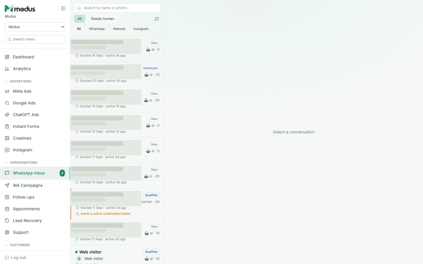 Modus shared inbox with channel filters, lead stages, scores and a Needs human queue