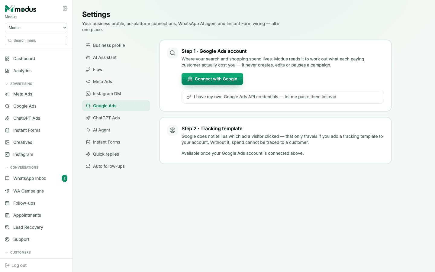 The Google Ads settings tab showing the two-step connect and tracking-template setup